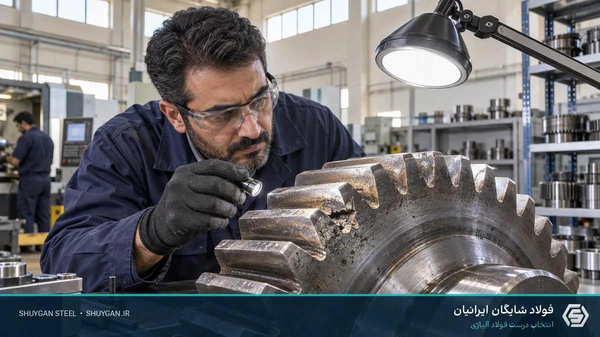 مشهد صناعي إيراني يوضح اختيار فولاذ التروس