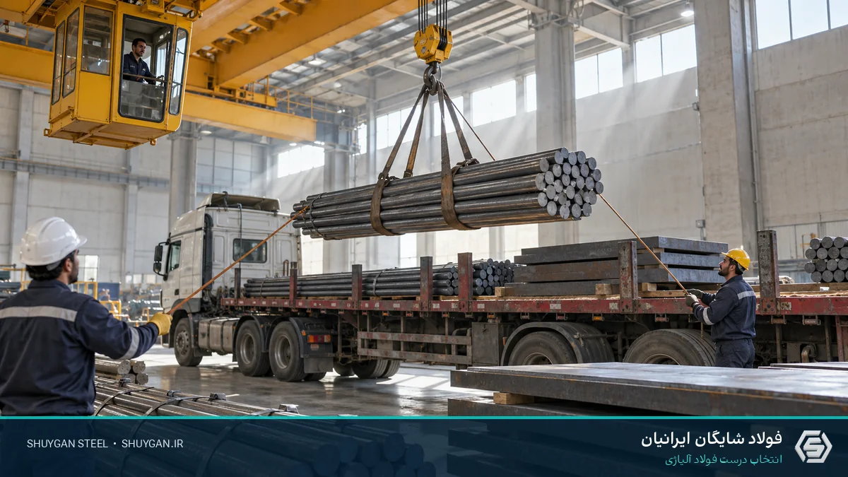 Iranian industrial steel scene illustrating shipping cut steel sections